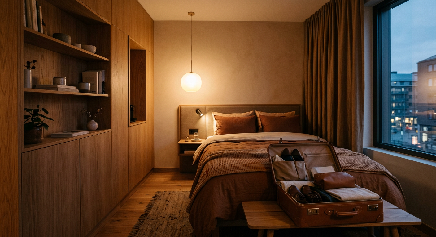 A compact hotel room at dusk, with an open suitcase arranged like a small wardrobe at the foot of the bed