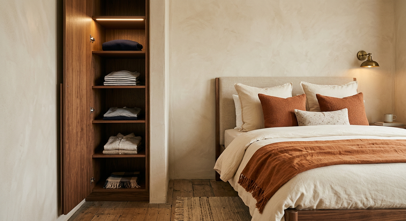 Sample concept: a slim built-in wall unit the width of a suitcase, open to show folded clothing on shallow shelves