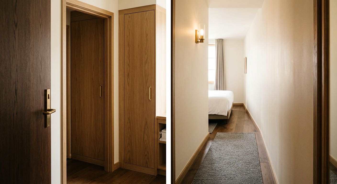 Sample concept: a narrow built-in cabinet beside the room entry, sized for a single suitcase